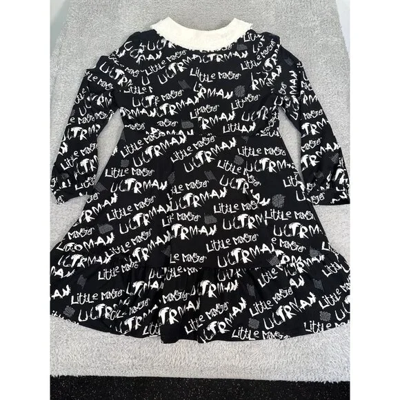 Mellowrani Little Monster Long Sleeve Dress Black & White Cotton Blend Letters - Picture 8 of 12